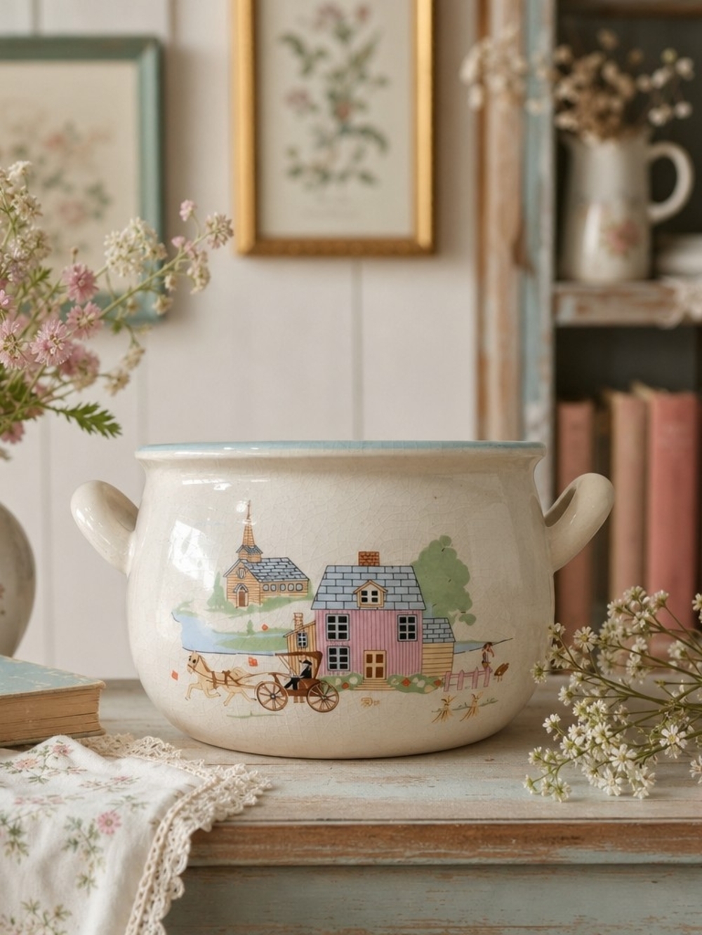🏡 Heartland‑Style Vintage Ceramic Pot with Countryside Scene